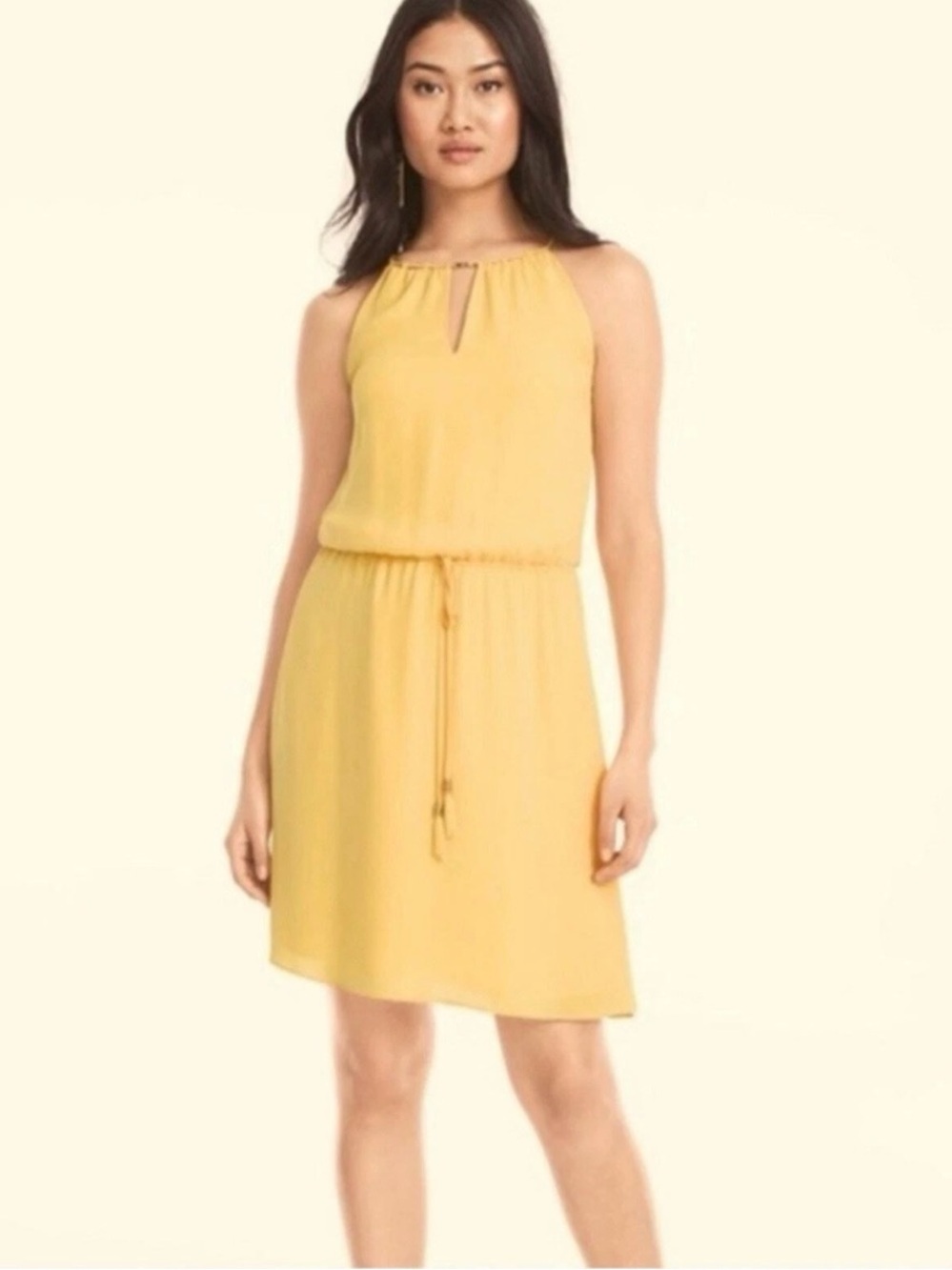 WHBM Yellow Sleeveless Chiffon Dress Drawstring Gold Hardware Size 8 NWT